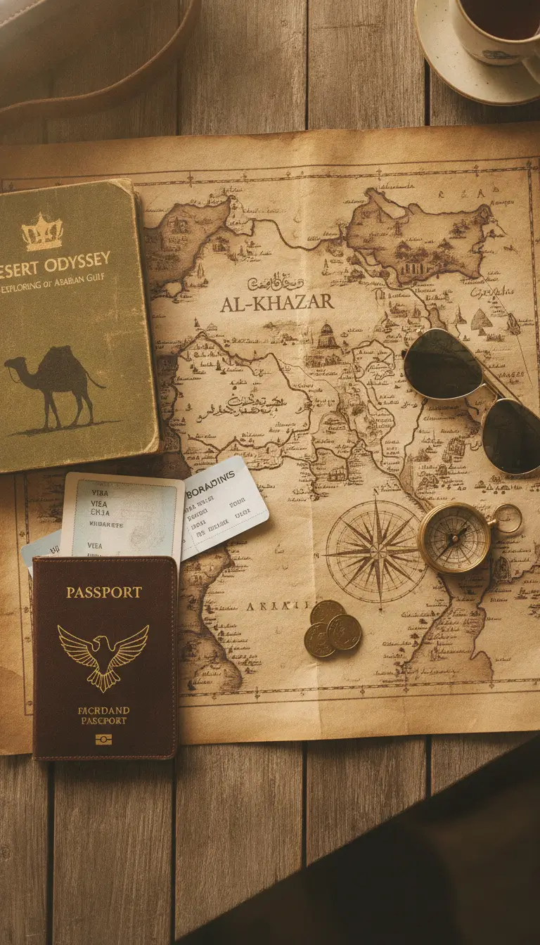 Travel flat lay: old map of Al-Khazar with a passport, camel book, tickets, compass, coins, sunglasses, and coffee cup on wooden surface.