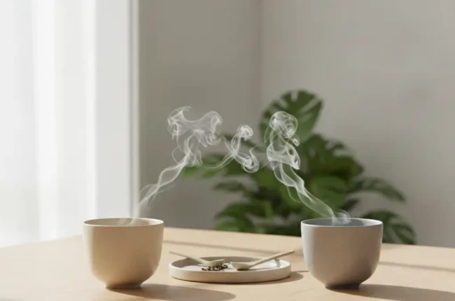 Two ceramic cups on a light wooden table with steam rising from both mugs and a small dish between them.