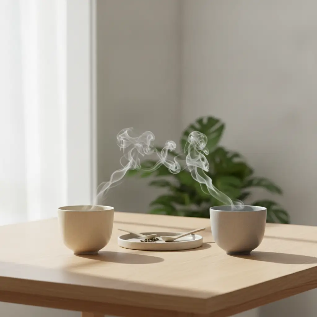 Two ceramic cups on a light wooden table with steam rising from both mugs and a small dish between them.