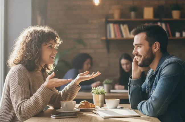 Two friends sit at a sunlit cafe table, smiling and chatting over coffee and croissants.