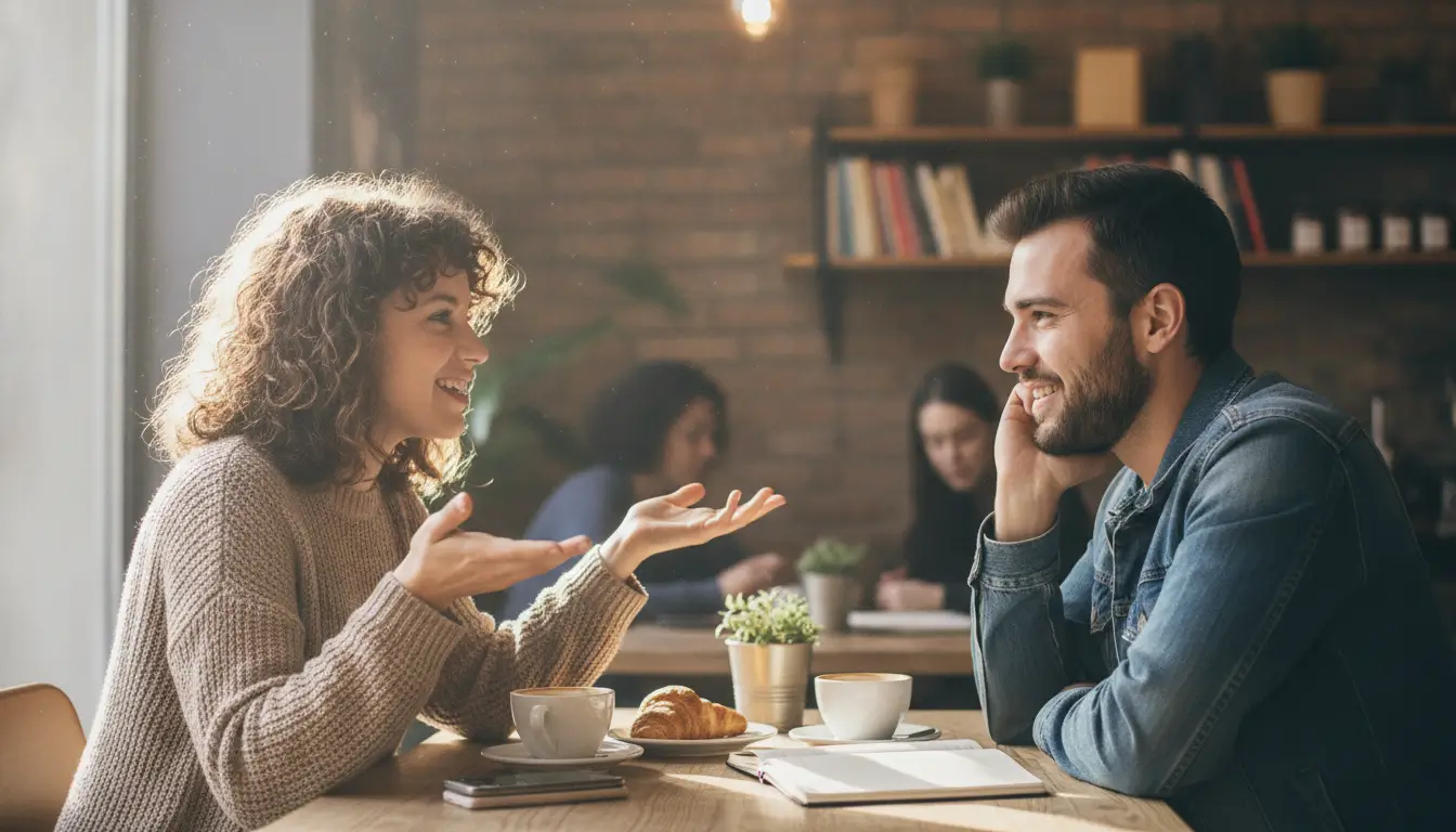 Two friends sit at a sunlit cafe table, smiling and chatting over coffee and croissants.