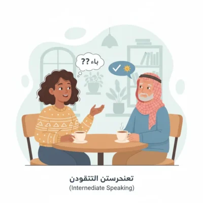 Two people sit at a café table chatting over coffee, illustrating intermediate speaking practice (Arabic: التحدث المتوسط).