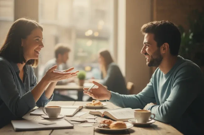 Two people sit at a cafe table, smiling and talking as the man offers a pen; coffee cups, pastries, and notebooks are on the table in warm light.