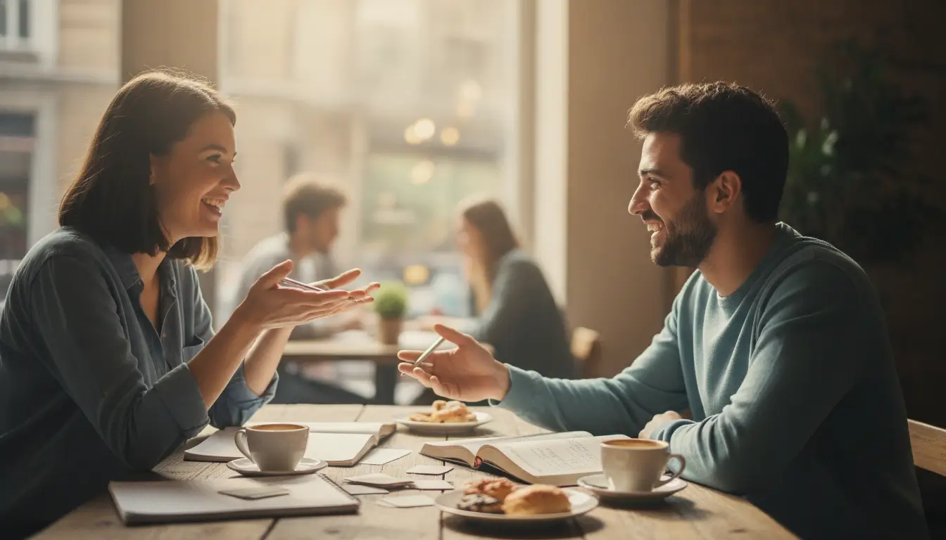 Two people sit at a cafe table, smiling and talking as the man offers a pen; coffee cups, pastries, and notebooks are on the table in warm light.
