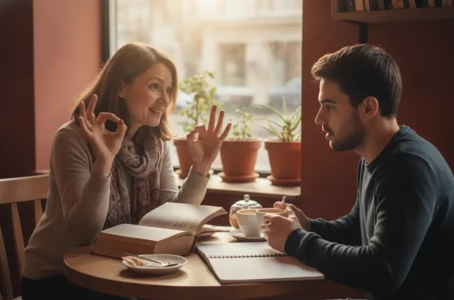 Two people study at a cafe; the woman smiles and shows an OK gesture with both hands as they discuss over an open book and notebook on the table with coffee nearby.
