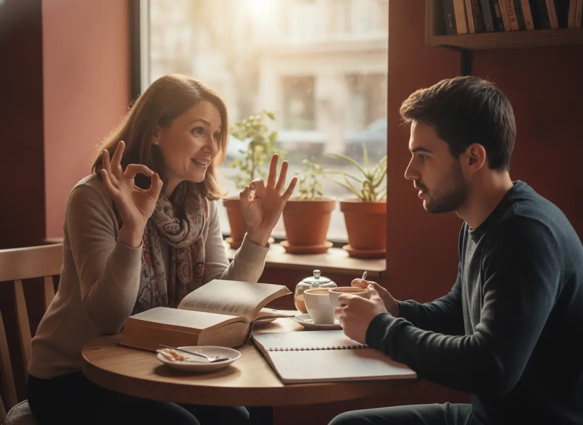 Two people study at a cafe; the woman smiles and shows an OK gesture with both hands as they discuss over an open book and notebook on the table with coffee nearby.