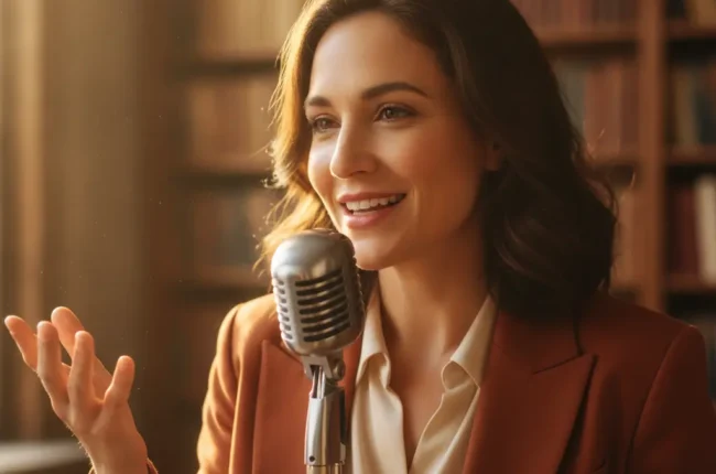 Woman in a brown blazer speaks into a retro microphone in a library-like studio setting, smiling as she talks to an audience/recording.