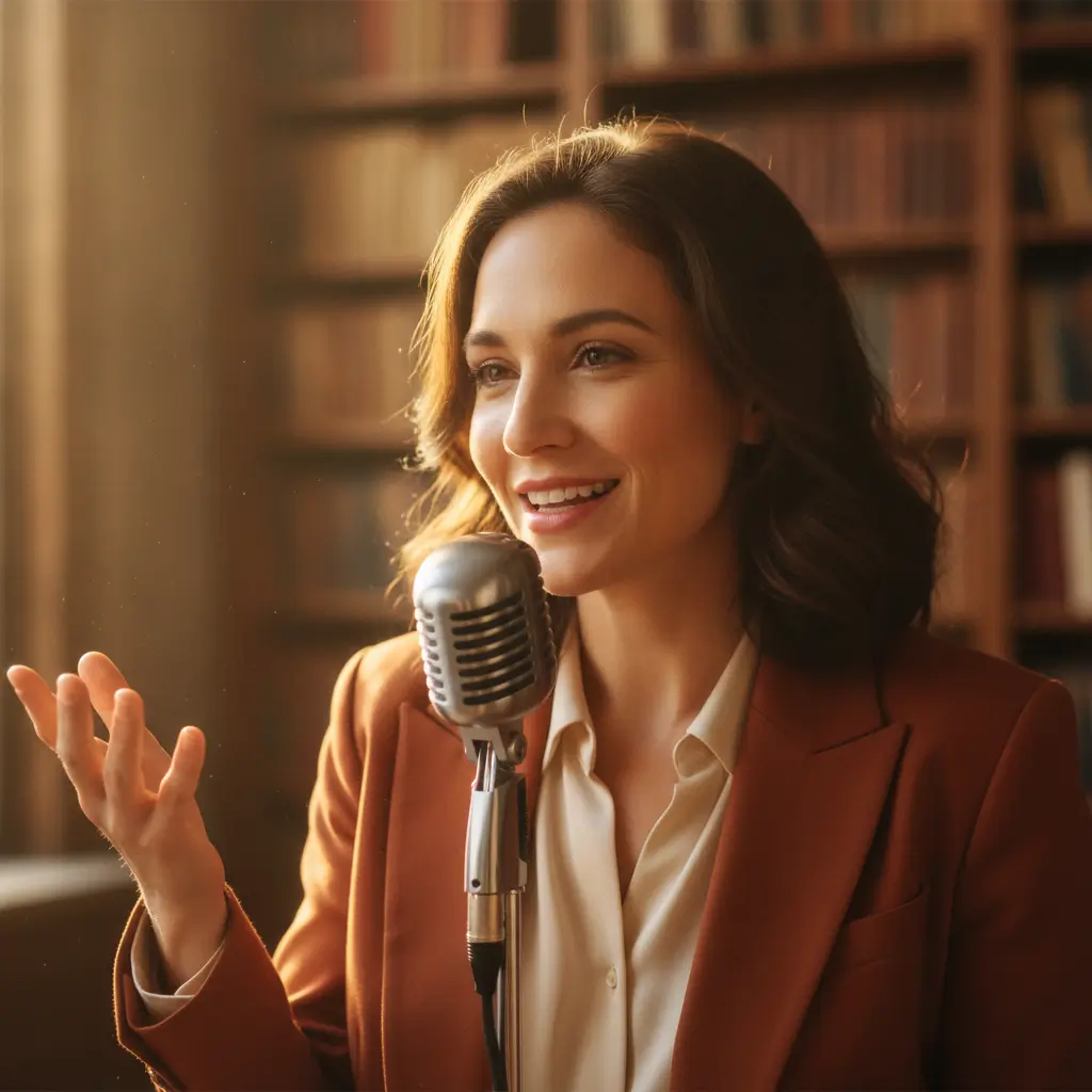 Woman in a brown blazer speaks into a retro microphone in a library-like studio setting, smiling as she talks to an audience/recording.