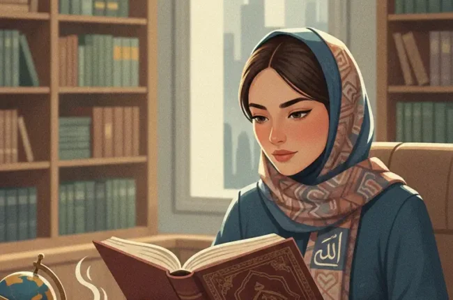 Woman in a patterned hijab reads an ornate open book at a library desk, with a globe and coffee nearby.