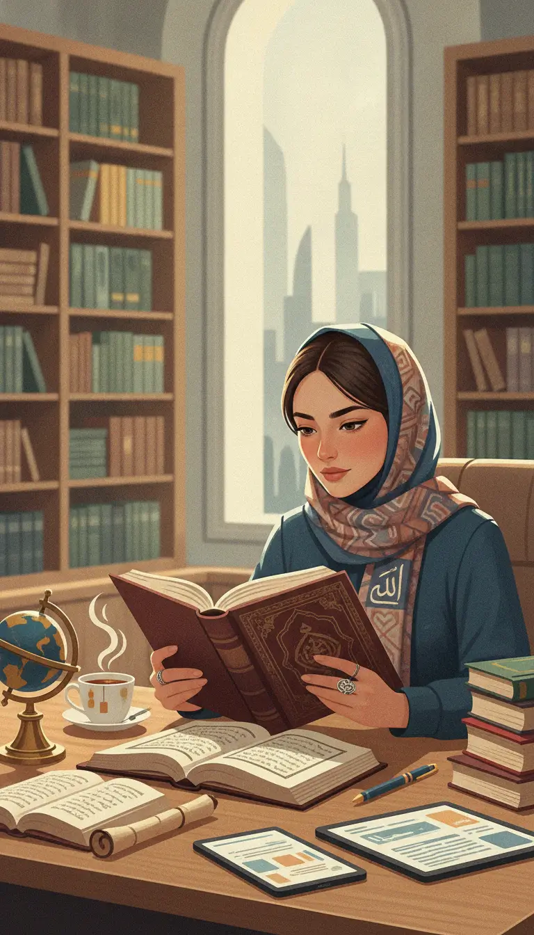 Woman in a patterned hijab reads an ornate open book at a library desk, with a globe and coffee nearby.