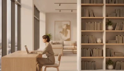 Woman sitting at a wooden desk typing on a laptop in a bright library-like living space with shelves nearby to the right.