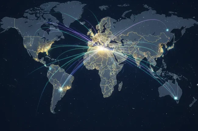World map at night showing global data links with glowing arcs emanating from a central hub near Europe/Middle East. (Global Arabic Network)