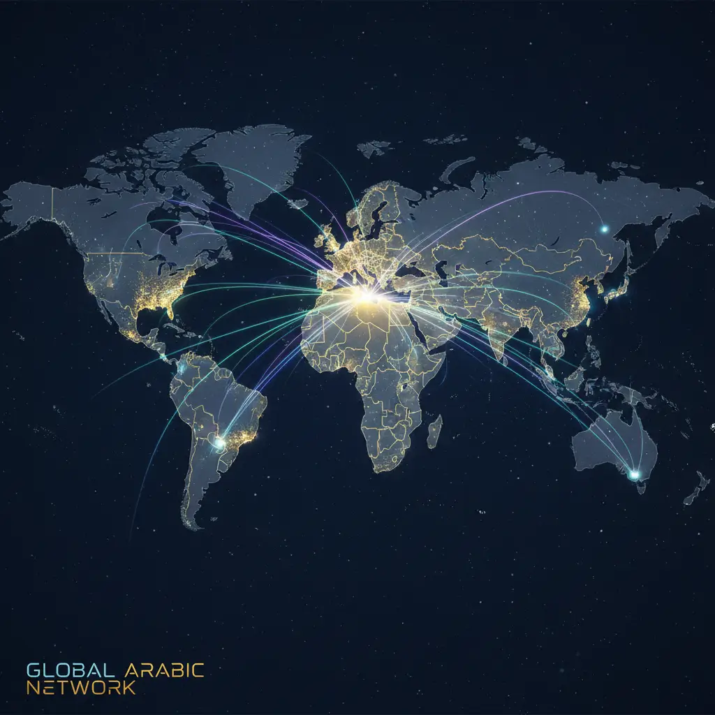 image_title World map at night showing global data links with glowing arcs emanating from a central hub near Europe/Middle East. (Global Arabic Network)