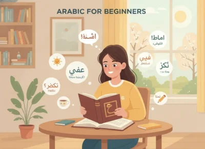 Young woman sits at a round table reading an Arabic textbook, with speech bubbles showing Arabic phrases and English translations.