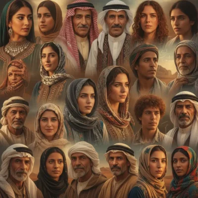 A collage of men and women in traditional Middle Eastern clothing, gazing in different directions against a desert backdrop, as in a film poster event.