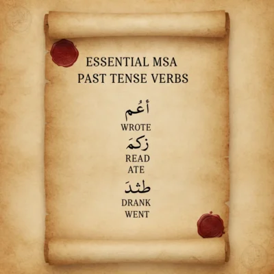 Ancient parchment scroll listing English past tense verbs: WROTE, READ, ATE, DRANK, WENT (with Arabic equivalents).