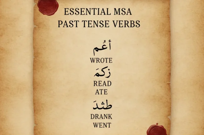 Ancient parchment scroll listing English past tense verbs: WROTE, READ, ATE, DRANK, WENT (with Arabic equivalents).