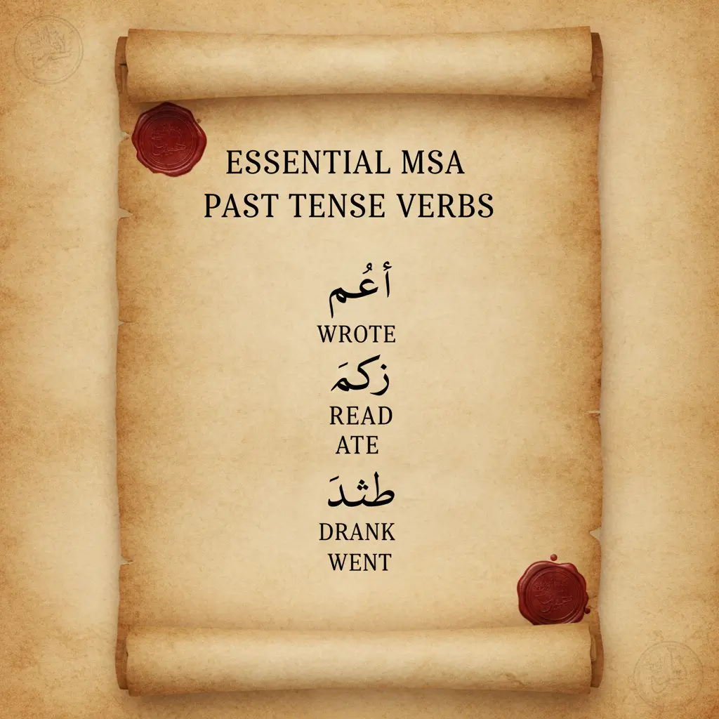 Ancient parchment scroll listing English past tense verbs: WROTE, READ, ATE, DRANK, WENT (with Arabic equivalents).