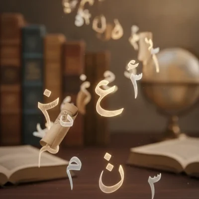 Arabic calligraphy spelling 'اقرأ' (Read) floats over a rolled parchment, with open books and a globe in a study setting.
