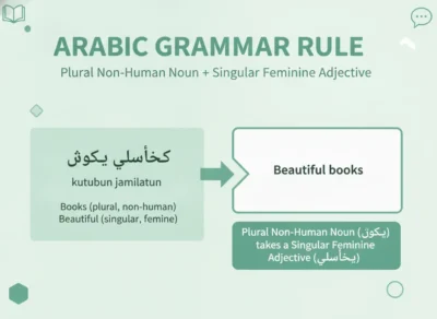 Arabic grammar rule: plural non-human noun with a singular feminine adjective; example kutubun jamilatun → Beautiful books.