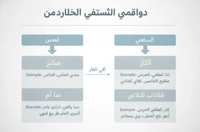 Arabic infographic showing a two-column flowchart with a title at the top, rounded boxes in each column, and arrows linking the boxes downward to illustrate a left–right comparison.