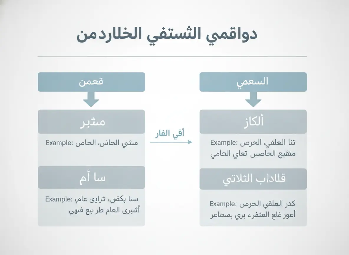 Arabic infographic showing a two-column flowchart with a title at the top, rounded boxes in each column, and arrows linking the boxes downward to illustrate a left–right comparison.