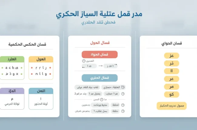 Arabic infographic showing three white rounded cards on a blue gradient background, illustrating grammar rules, conjugation, and vowels.