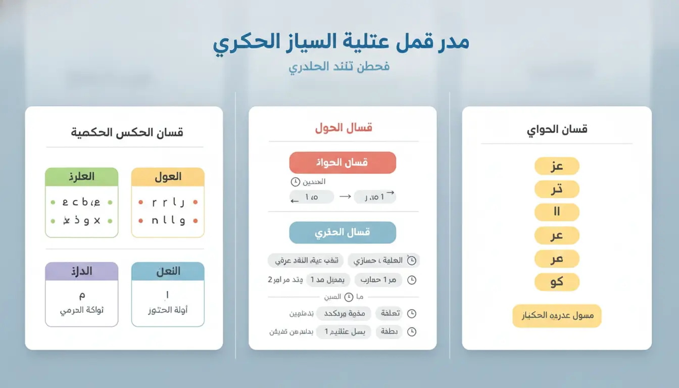 Arabic infographic showing three white rounded cards on a blue gradient background, illustrating grammar rules, conjugation, and vowels.