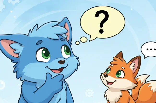 Blue cat-like cub with green eyes thinking a question, while an orange fox listens (speech bubbles show a question mark and ellipsis).