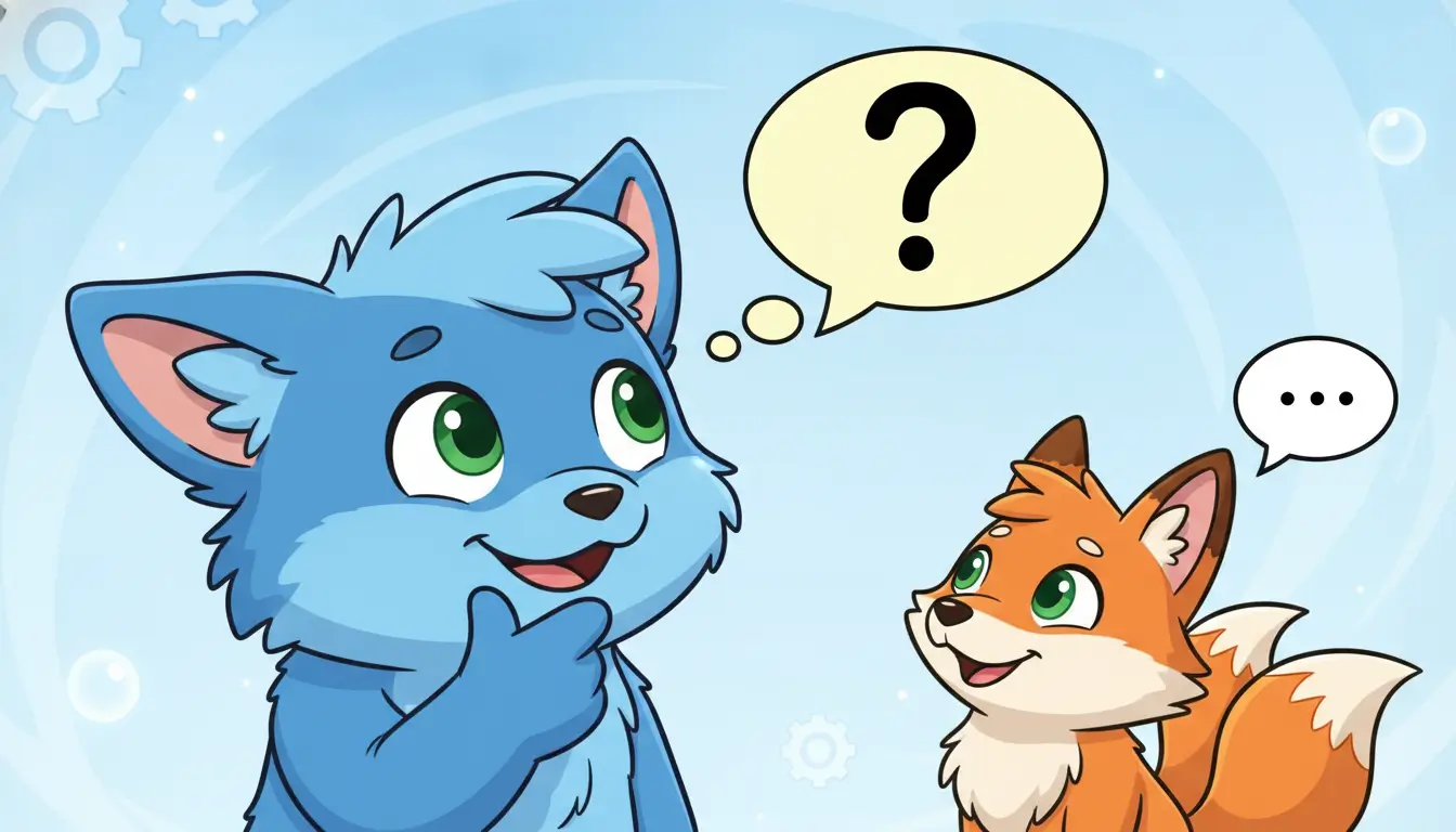 Blue cat-like cub with green eyes thinking a question, while an orange fox listens (speech bubbles show a question mark and ellipsis).