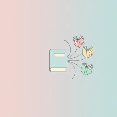 Blue central book with colored books connected by curved lines, illustrating branching knowledge/learning resources