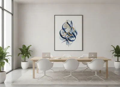 Bright conference room with a long wooden table, white swivel chairs, two laptops, a large abstract blue painting, and potted plants by the windows.