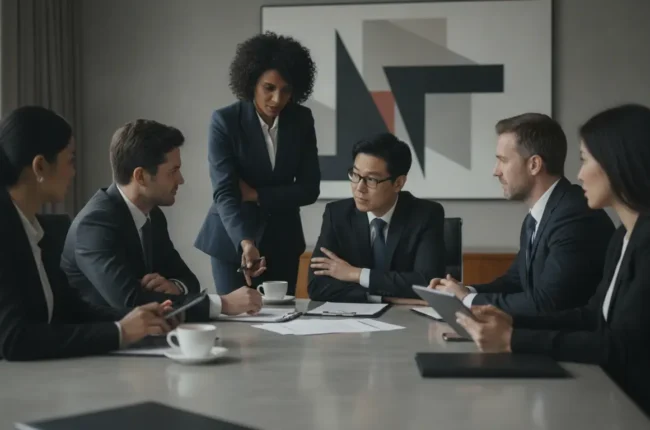 Business meeting: five professionals in suits around a table, a woman stands and points to documents as others listen thoughtfully.