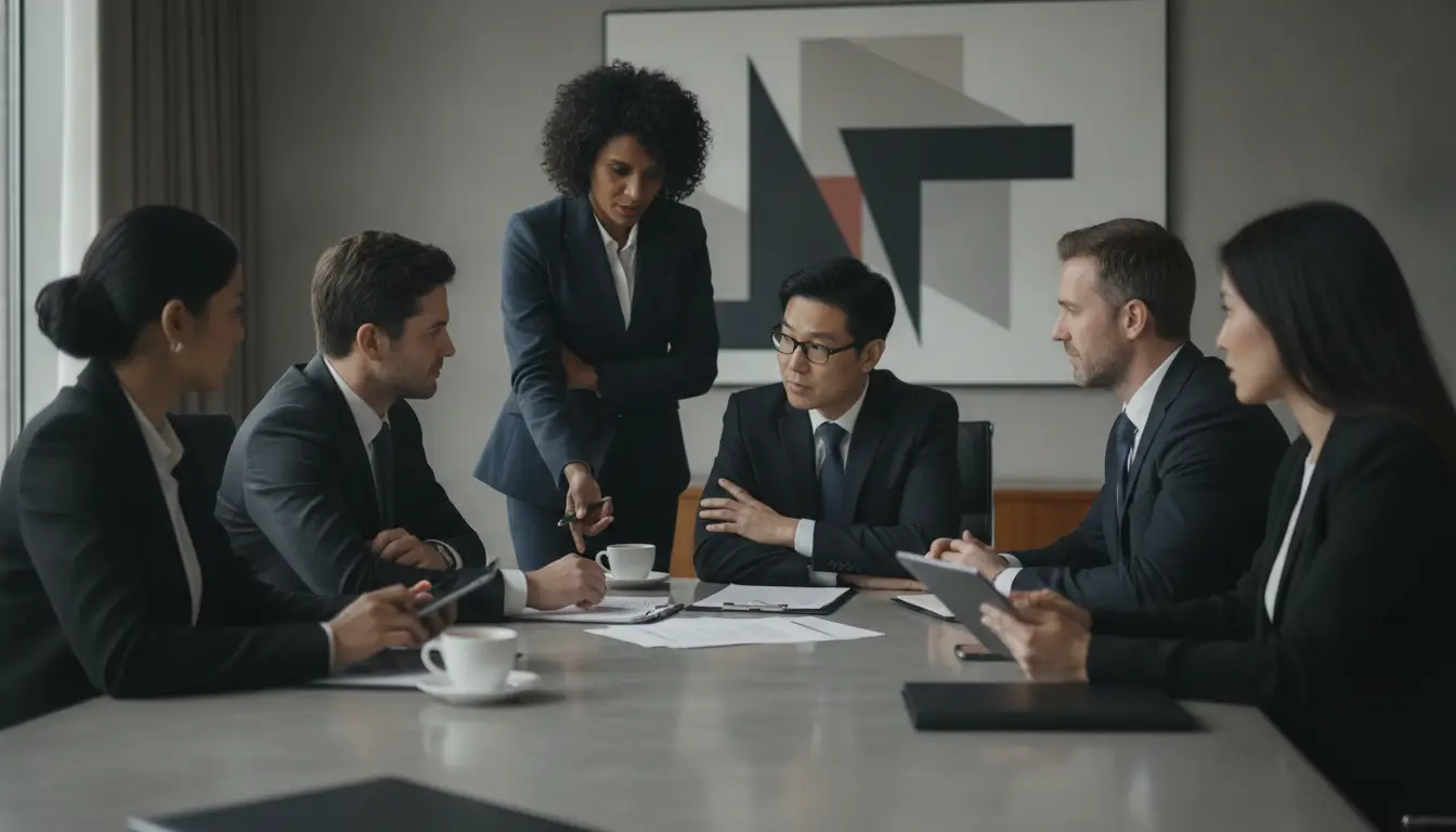 Business meeting: five professionals in suits around a table, a woman stands and points to documents as others listen thoughtfully.