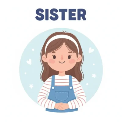 Cartoon girl with brown hair in a white headband, striped shirt and blue overalls, hands folded, with the word SISTER above.