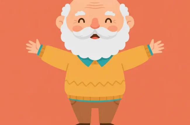 Cheerful cartoon elderly man with white beard and mustache, arms outstretched on an orange background.