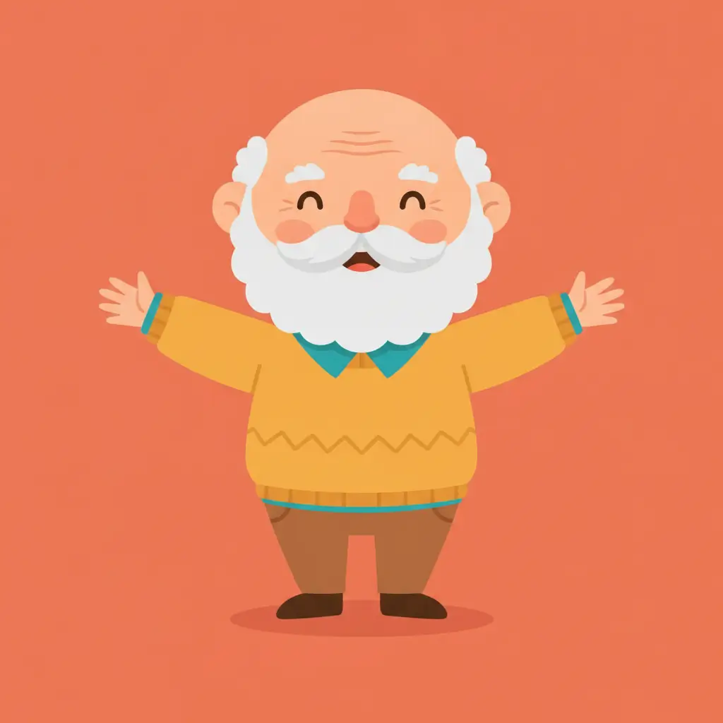 Cheerful cartoon elderly man with white beard and mustache, arms outstretched on an orange background.