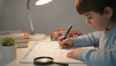 Child focused on writing in a workbook at a well-lit desk, using a pen under a desk تعليم الأطفال العربية
lamp.