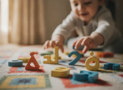 Child playing with colorful wooden numbers scattered on a patterned rug, practicing counting.