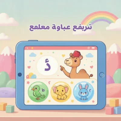 Children's educational app on a blue tablet showing Arabic letters and cute animal icons (parrot, elephant, rabbit) with a camel on-screen and a rainbow backdrop.