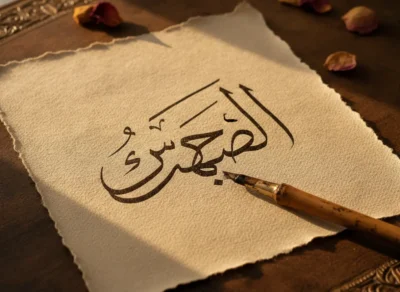 Close-up of Arabic calligraphy on torn paper, with a vintage dip pen resting nearby and a few rose petals in the background.