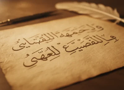 Close-up of brown-tinted parchment with flowing Arabic calligraphy and a feather quill in the background.