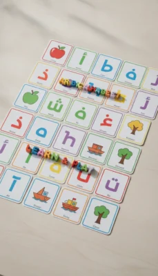 Colorful Montessori-style letter tiles with pictures (apple, tree, boat) arranged in a grid for a learn-and-play activity on a white surface.