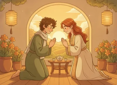 Couple kneeling in prayer facing each other, hands pressed together, by a small table with a teapot, sunset visible through an arched window arabic greetings for beginners