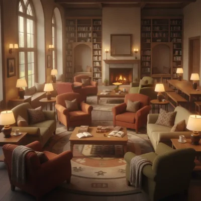 Cozy library lounge with built-in bookshelves, a fieldstone fireplace, and a circle of colorful armchairs around wooden coffee tables. msa pronunciation rules