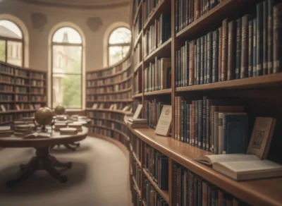 Cozy library with curved wooden shelves full of books and a round table with globes in the foreground.