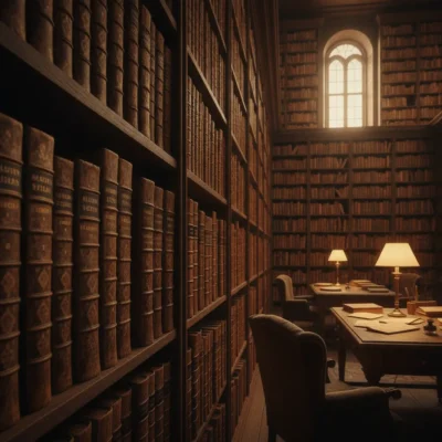 Cozy old library with tall wooden shelves filled with leather-bound books and a reading desk near a window to the left.