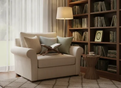 Cozy reading nook with a beige armchair, cushions, an open book on a wooden stand, beside a tall bookshelf and a floor lamp.