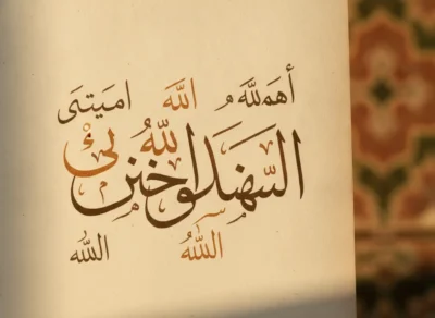 Decorative Arabic calligraphy featuring the Shahada: 'There is no god but Allah' in stylized script on a light page.