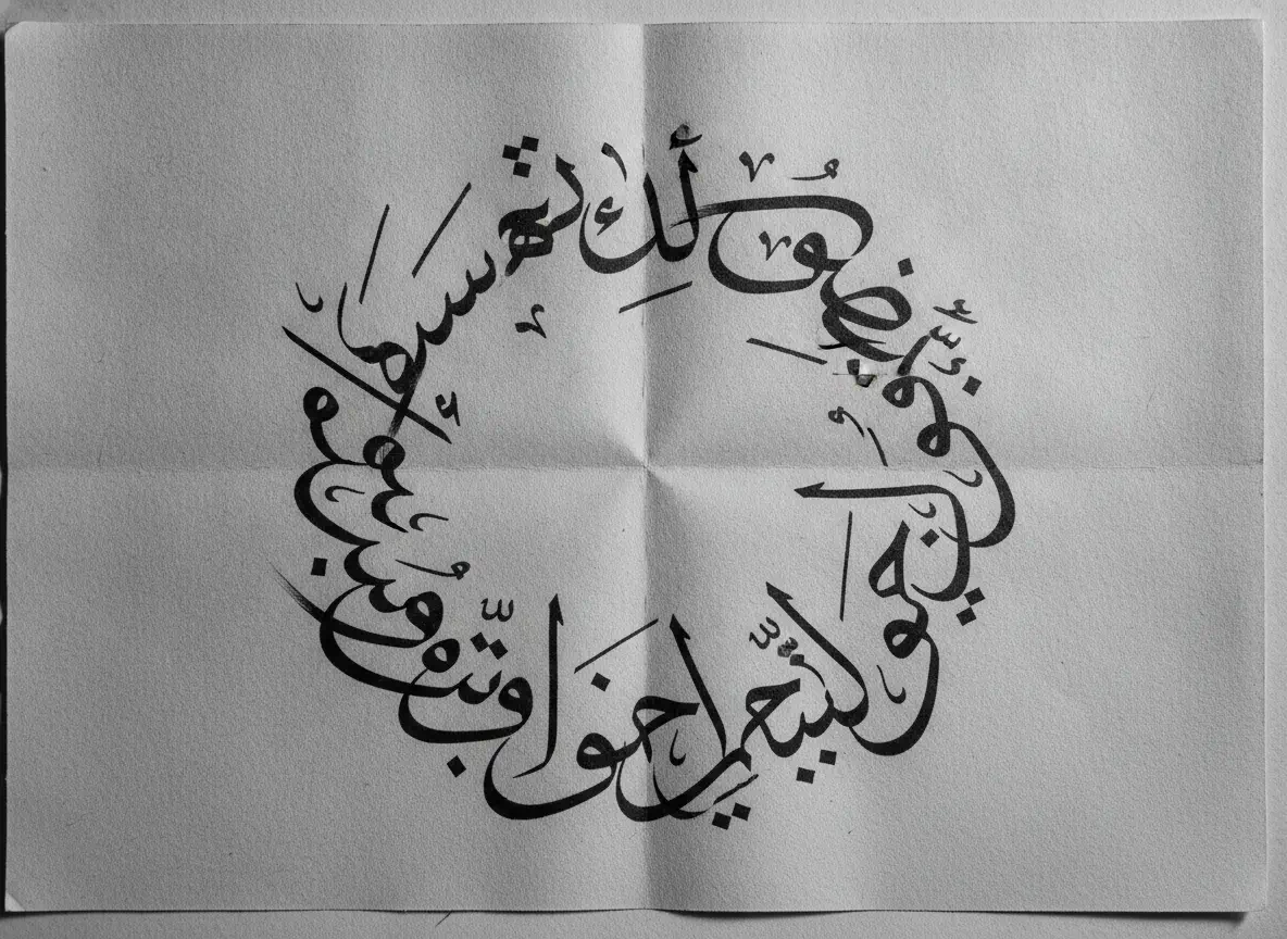 Decorative circular Arabic calligraphy on white paper forming a round design.